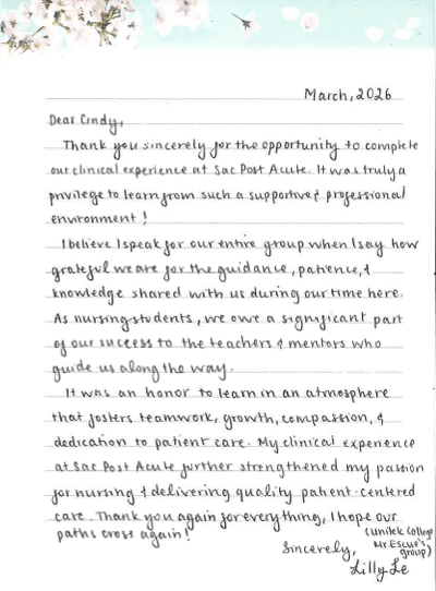 hand-written thank you letter by student cna at a sacramento post acute
