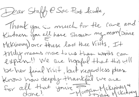 hand-written thank you letter from a sacramento post acute resident's family members.